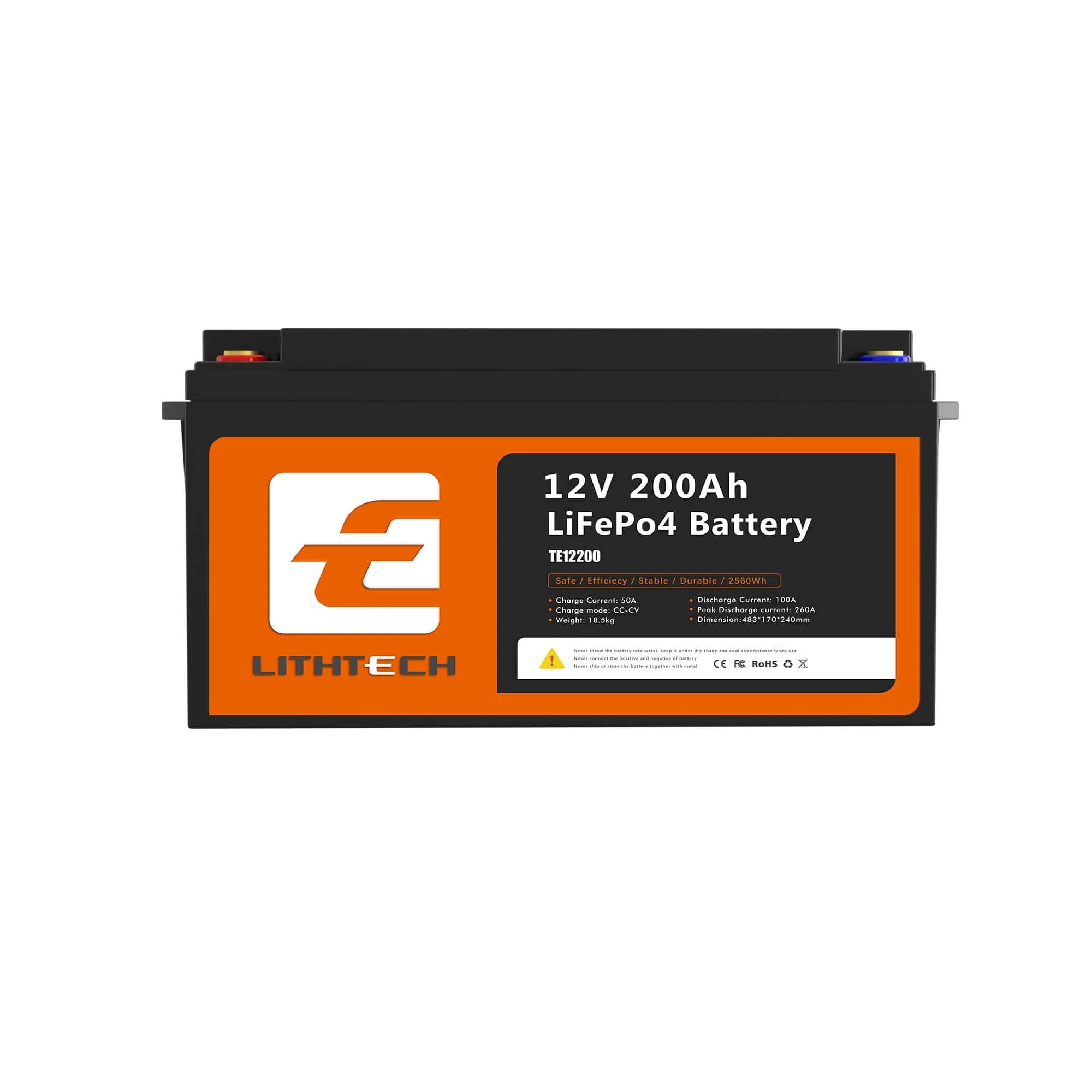LITHTECH TE12200B + Bluetooth LiFePO4 12,8V 200Ah, 2.25kWh, BMS50A@4S, 6000 cycles